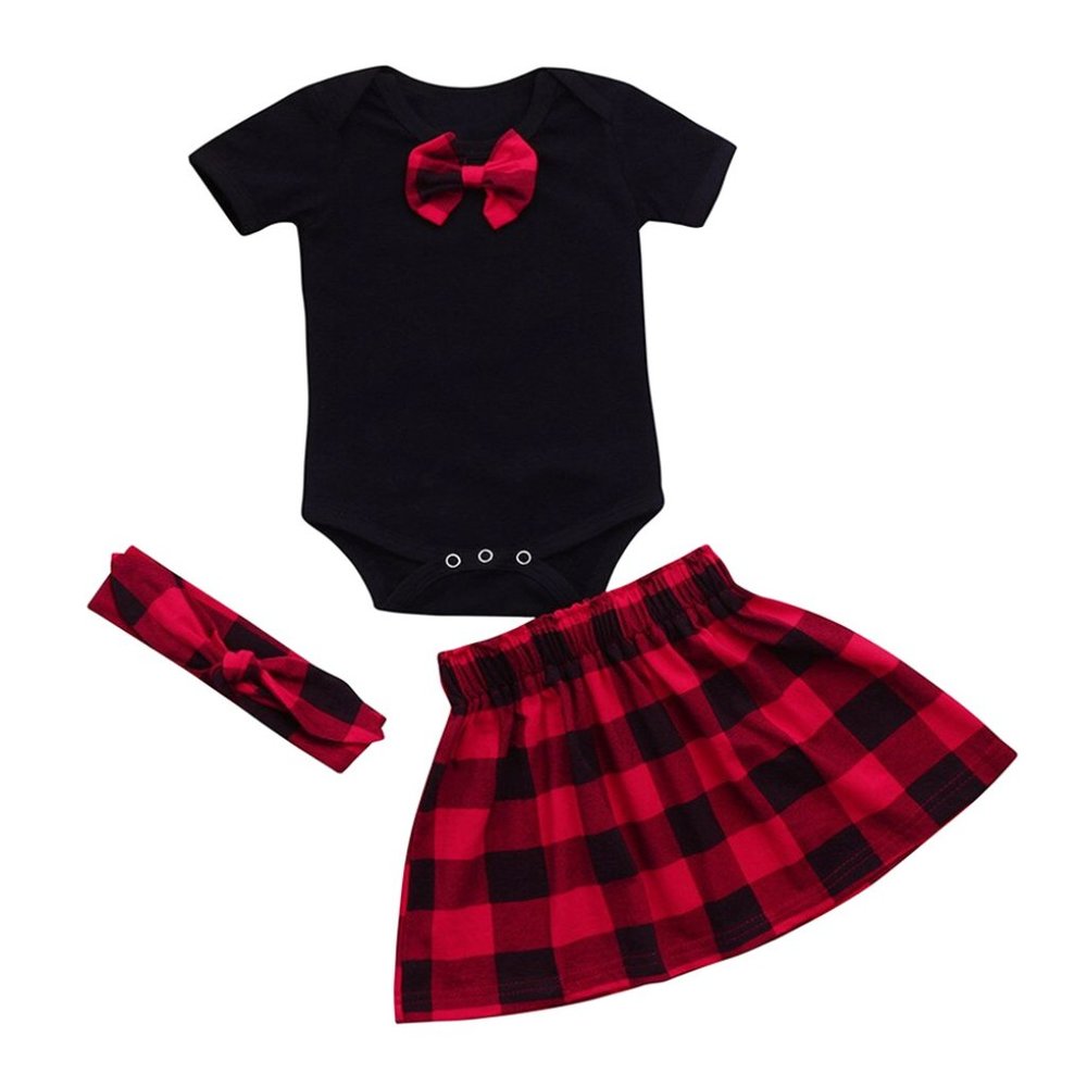 Buffalo Plaid 3D Bowtie Black Bodysuit, Skirt & Headband 3 pcs Baby Outfit